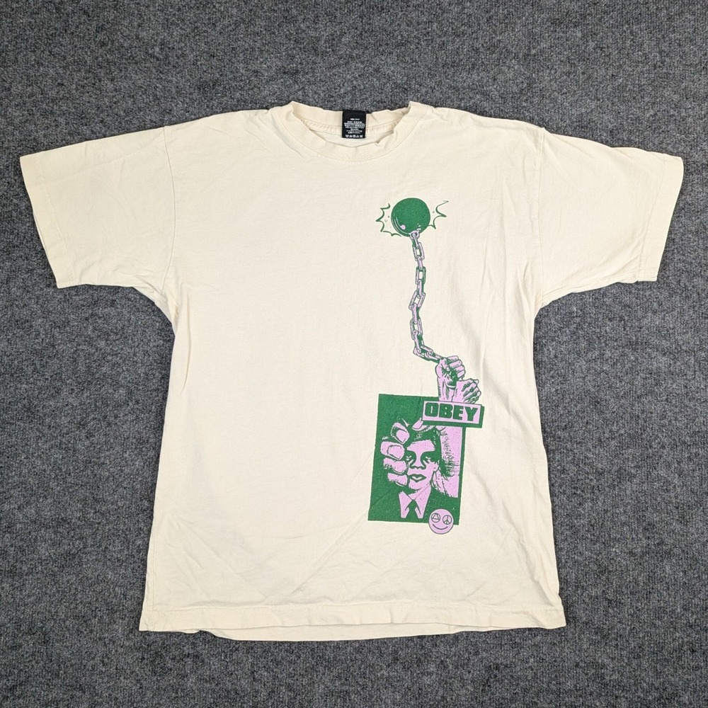 Obey Ride or Die Graphic T-Shirt Mens Medium Cream Off-White Cotton Streetwear